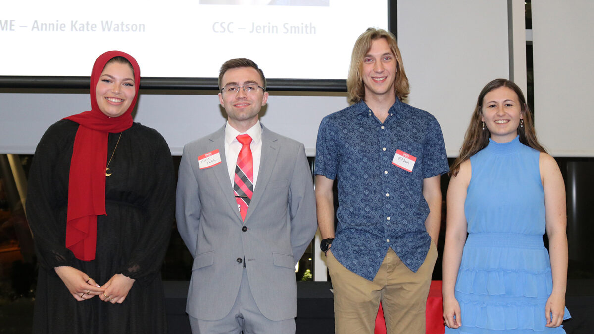 2023 College of Engineering Outstanding Senior Awards winners, from left: Noha Zayan, Jerin Smith, Ethan Frey and Annie Kate Watson.